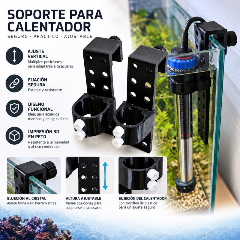 Soporte vertical regulable para calentador de acuario – Sin ventosas | Ø20 y Ø25 mm